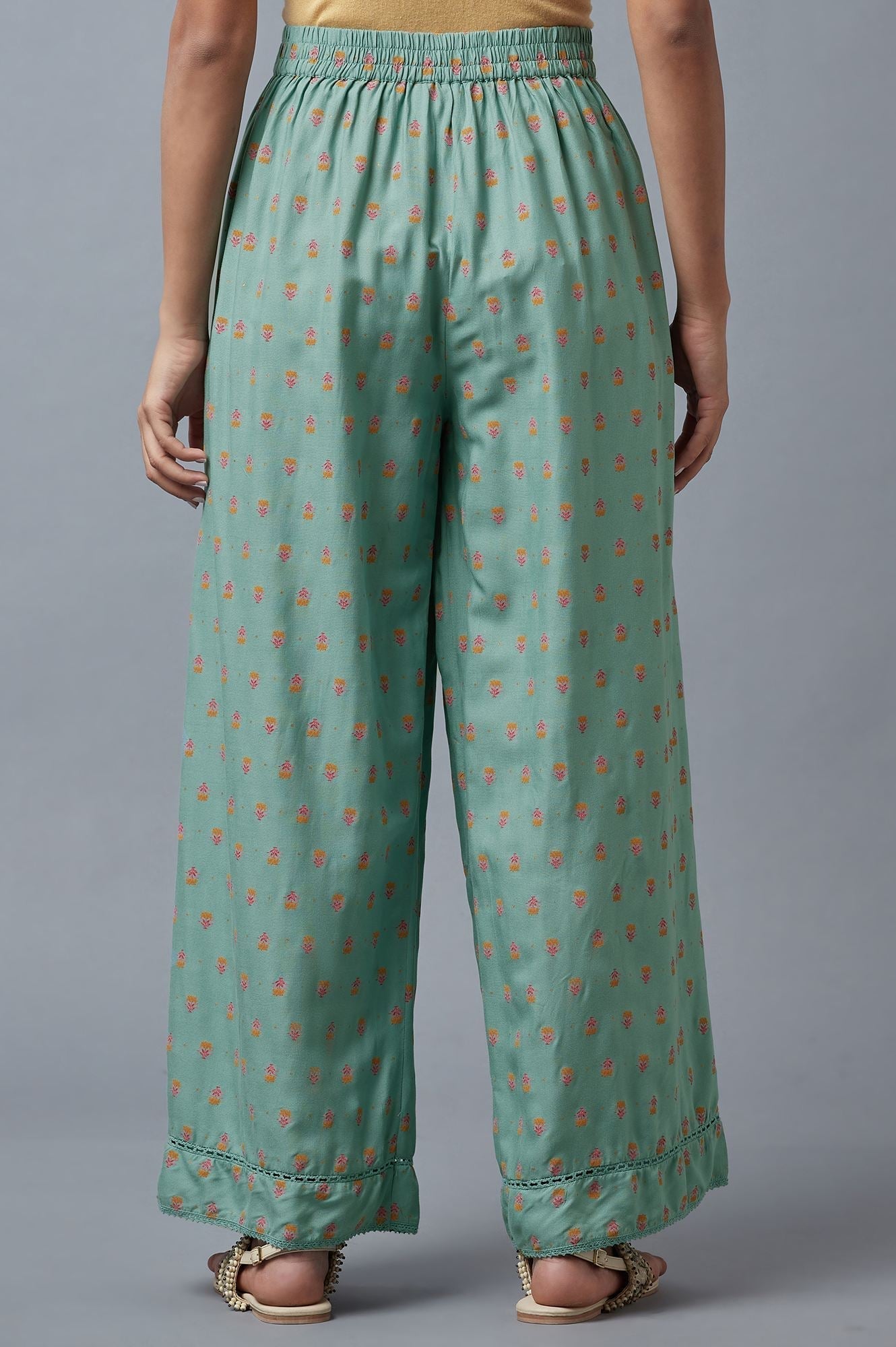 W for Woman Aqua Blue Floral Printed Parallel Pants