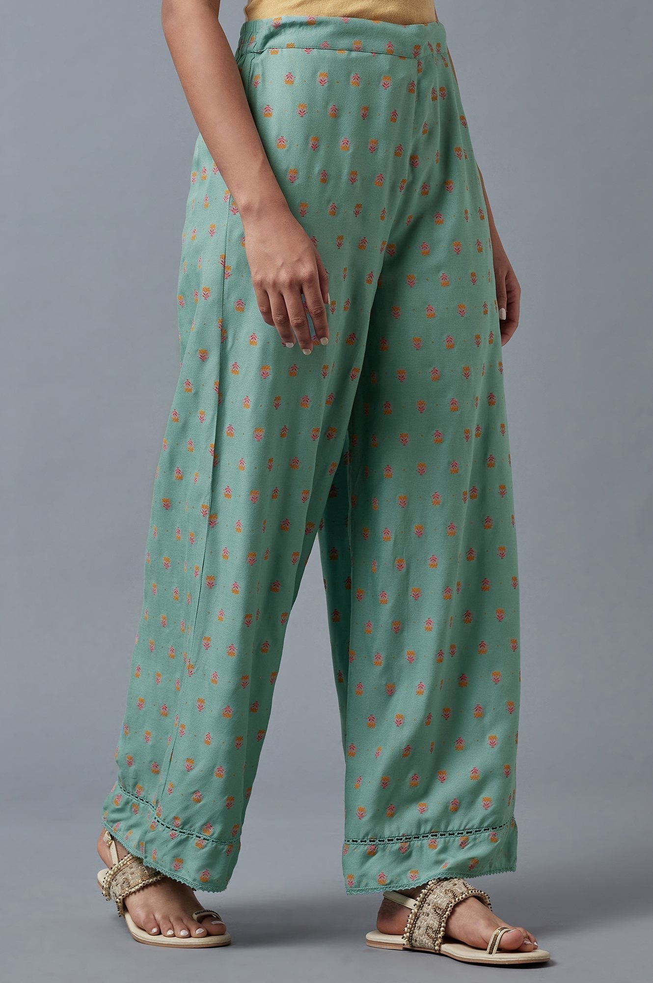 W for Woman Aqua Blue Floral Printed Parallel Pants