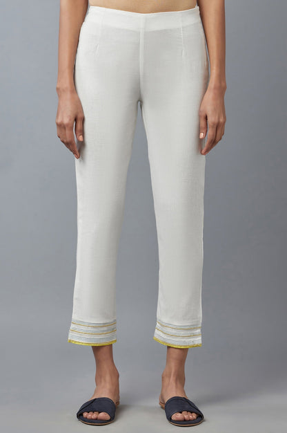 W for Woman White Cotton Flax Solid Slim Pants