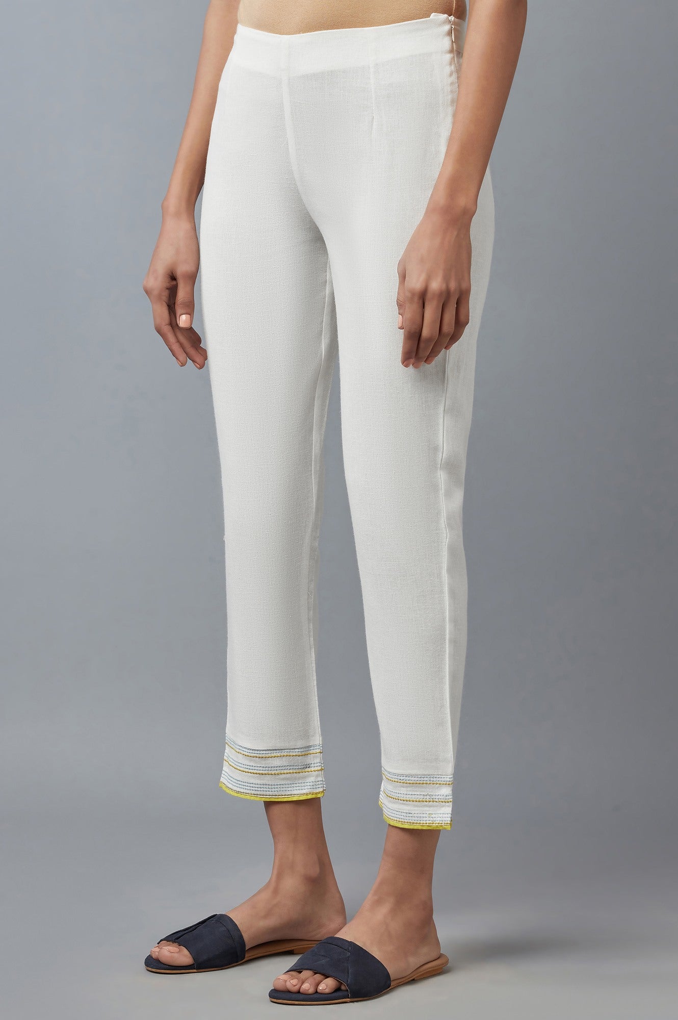 W for Woman White Cotton Flax Solid Slim Pants