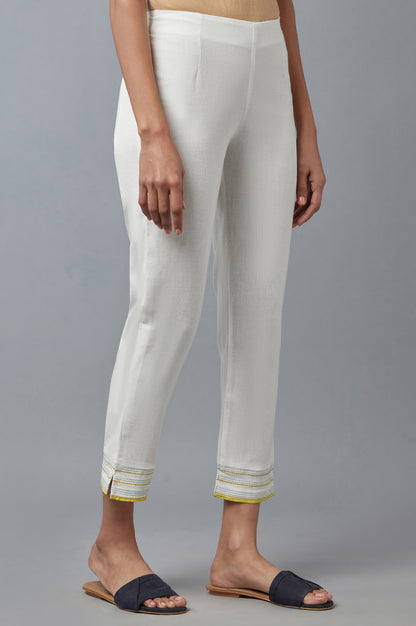 W for Woman White Cotton Flax Solid Slim Pants