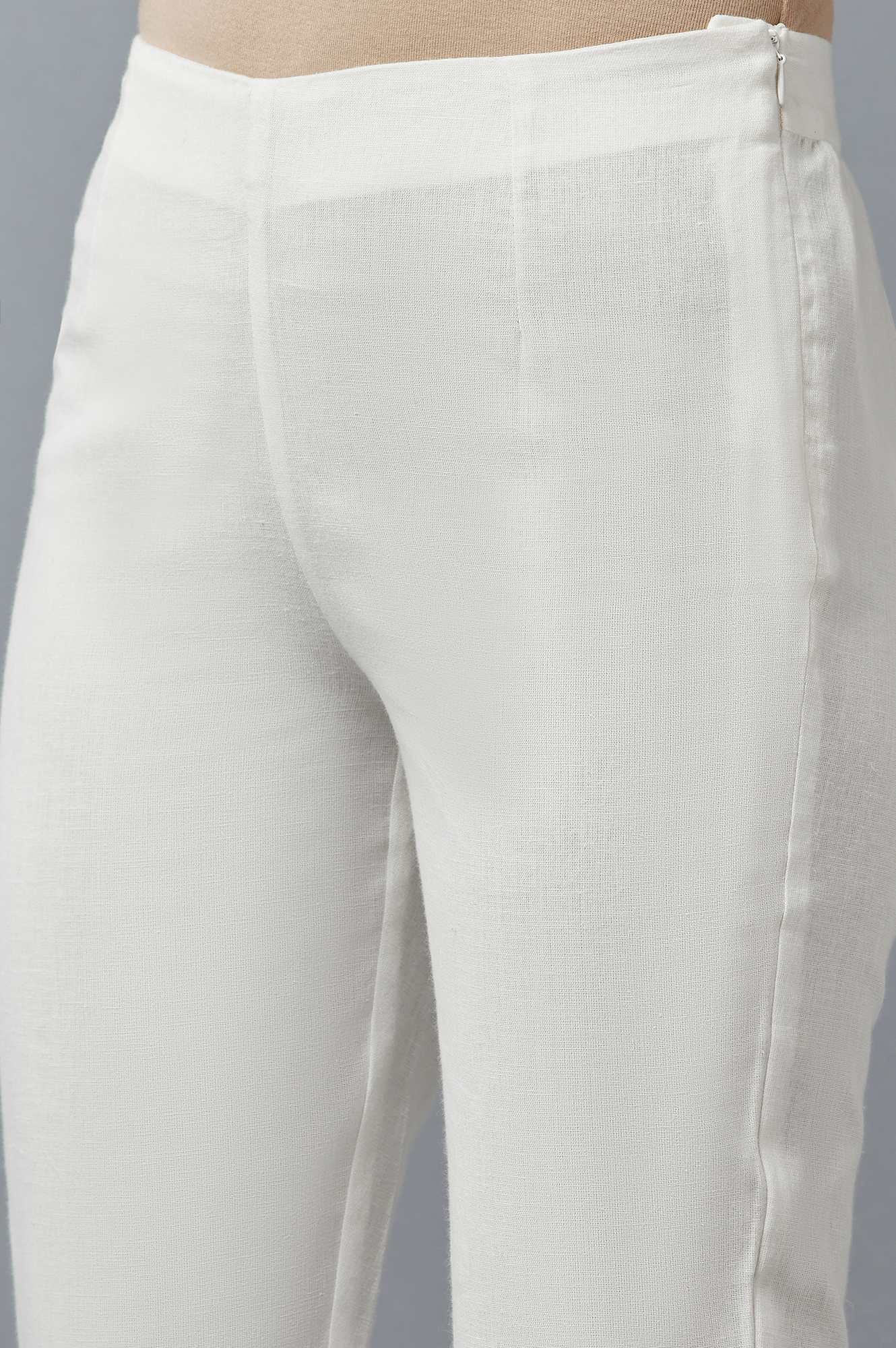 W for Woman White Cotton Flax Solid Slim Pants