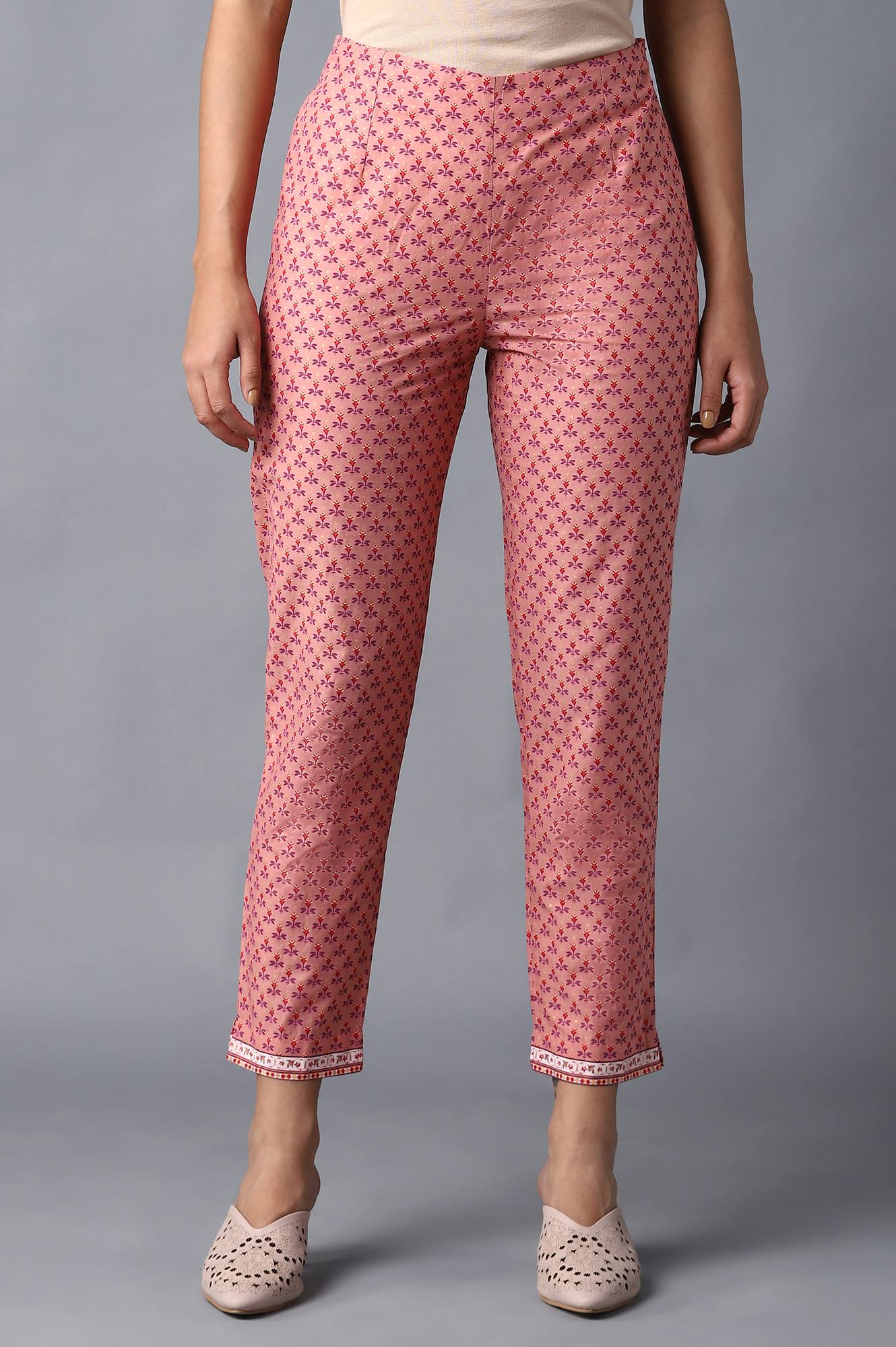 W for Woman Peach Floral Printed Cotton Slim Pants