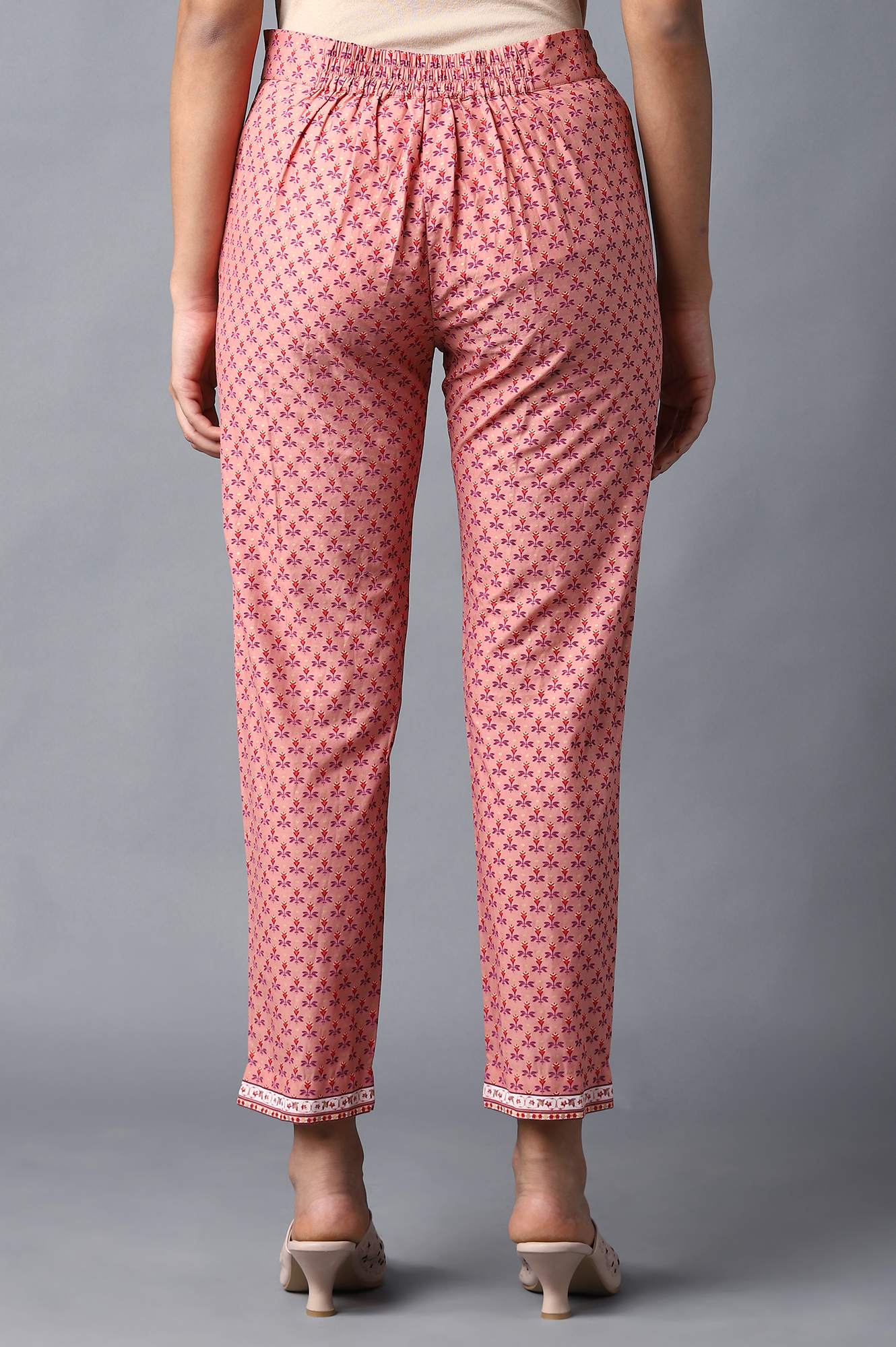 W for Woman Peach Floral Printed Cotton Slim Pants