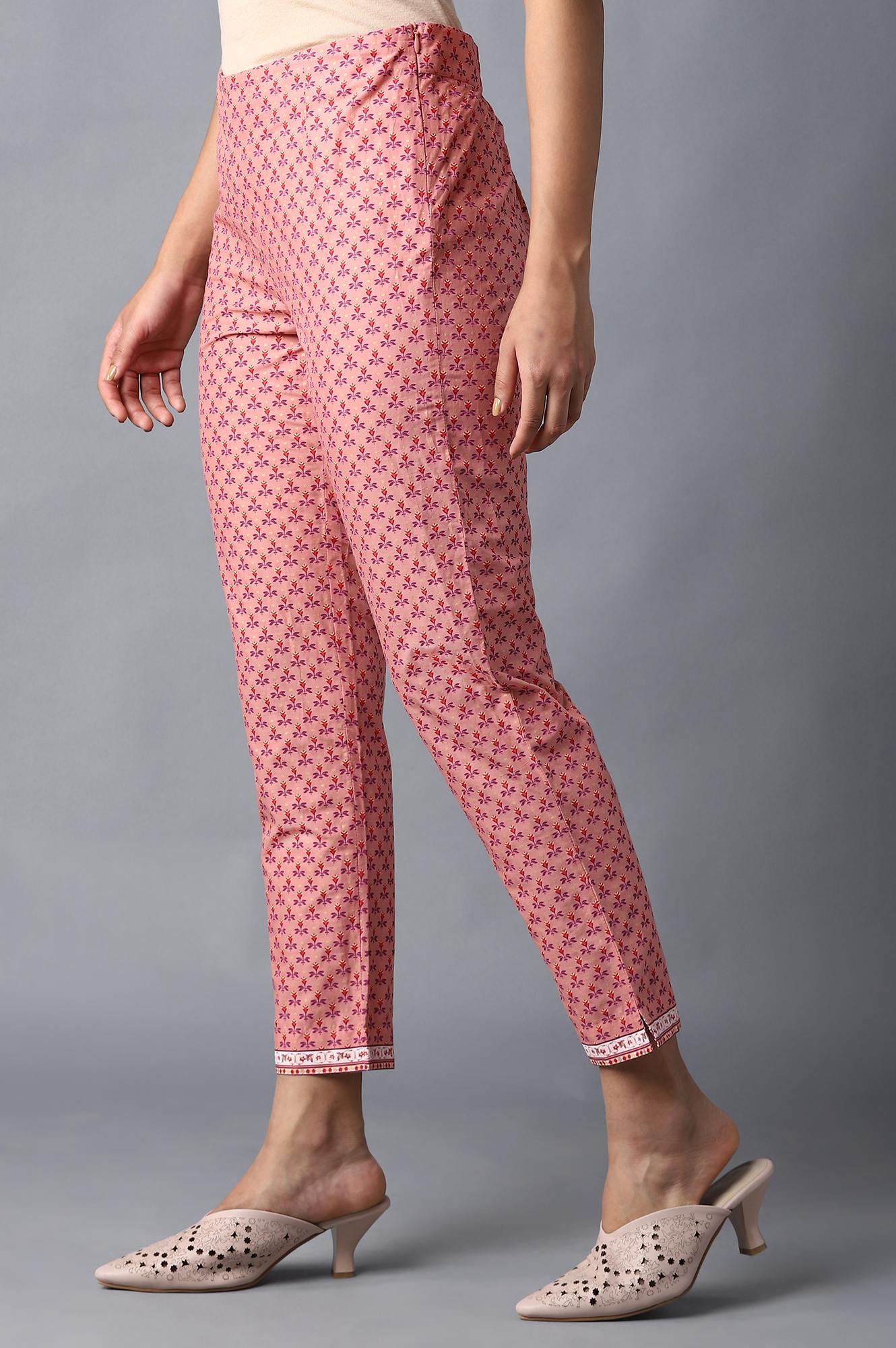 W for Woman Peach Floral Printed Cotton Slim Pants
