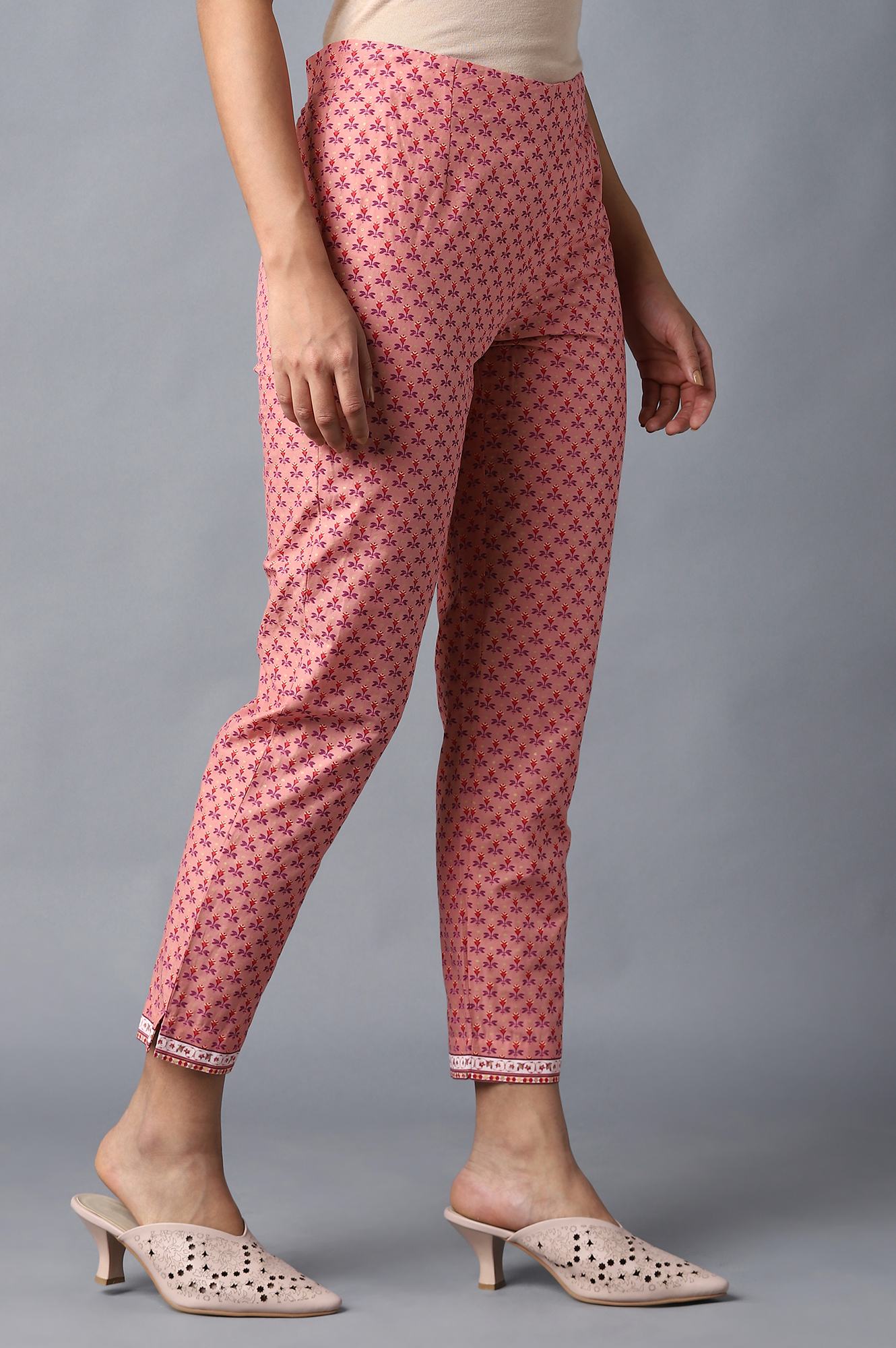 W for Woman Peach Floral Printed Cotton Slim Pants