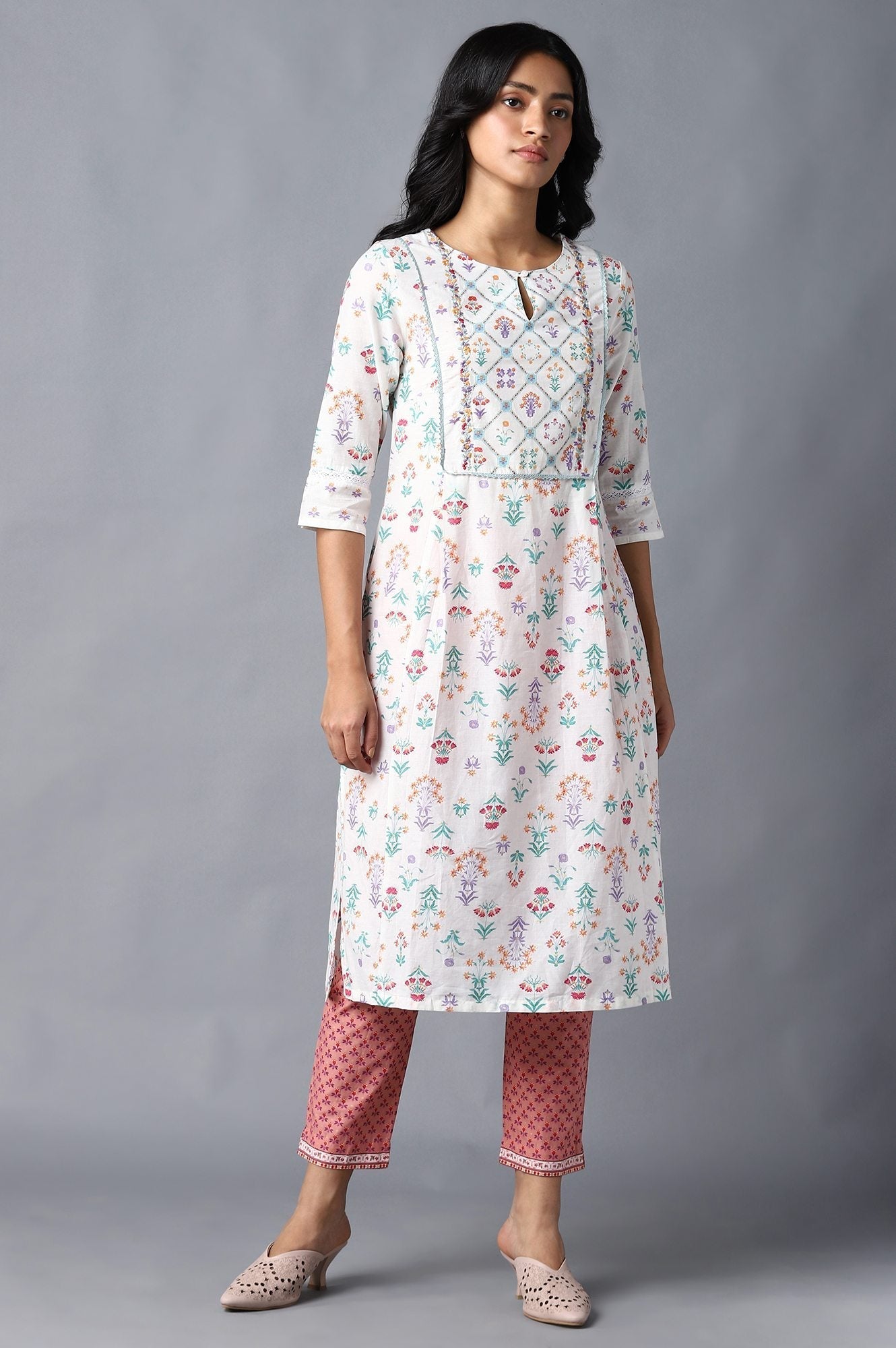 W for Woman Peach Floral Printed Cotton Slim Pants
