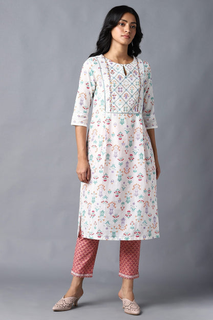 W for Woman Peach Floral Printed Cotton Slim Pants