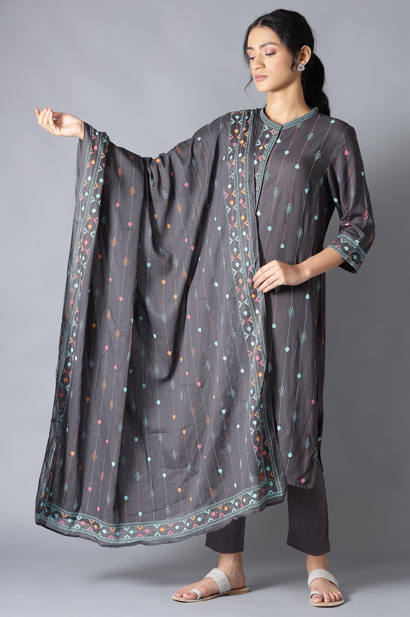 W for Woman Grey Geometric Printed Cotton Voile Dupatta