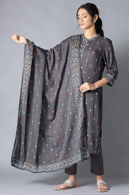 W for Woman Grey Geometric Printed Cotton Voile Dupatta