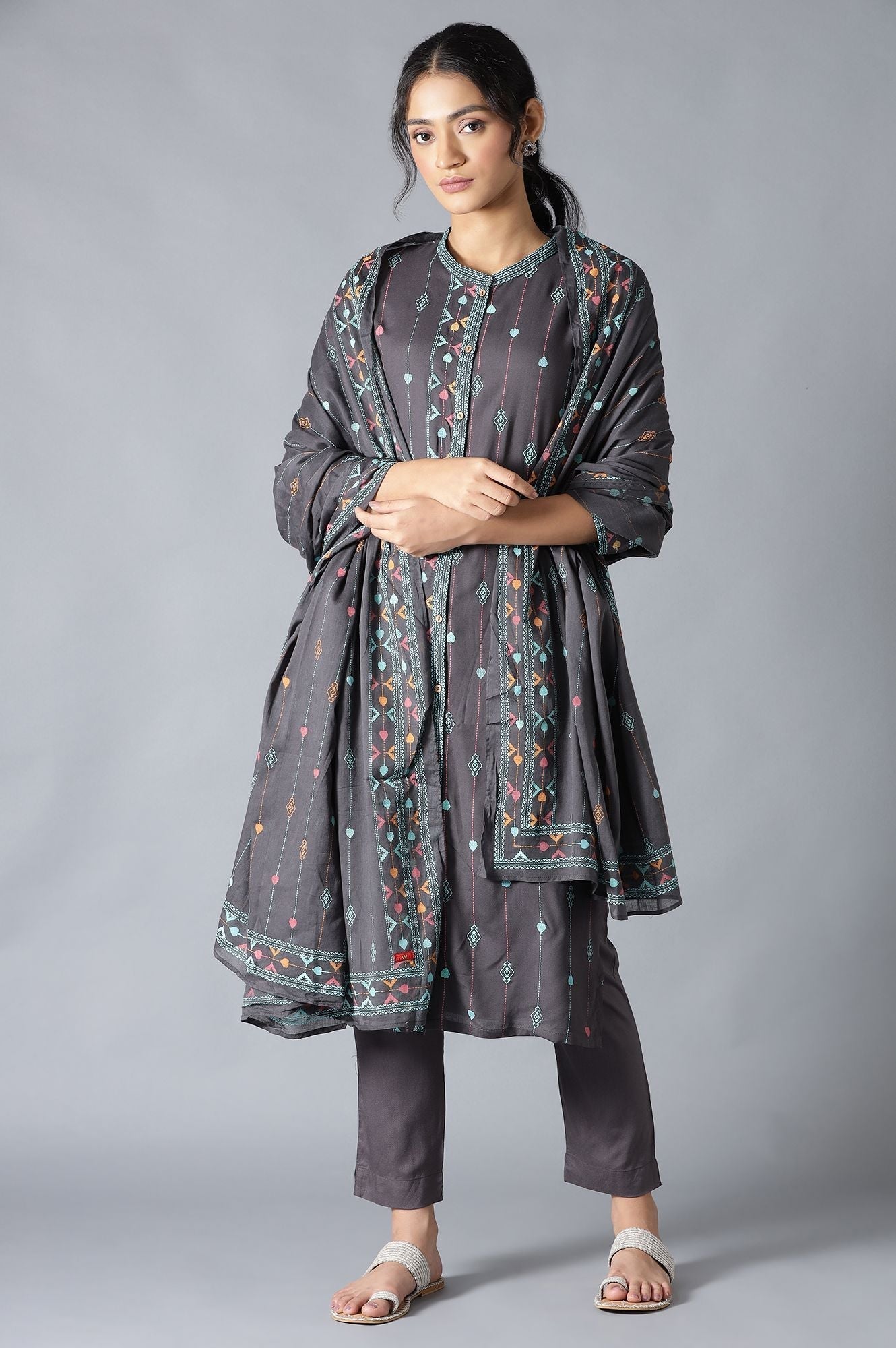 W for Woman Grey Geometric Printed Cotton Voile Dupatta