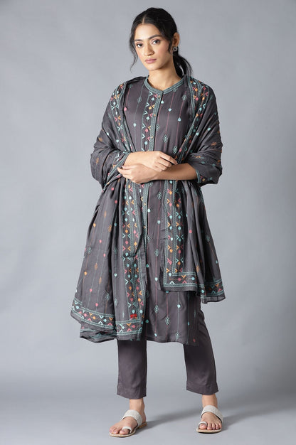 W for Woman Grey Geometric Printed Cotton Voile Dupatta