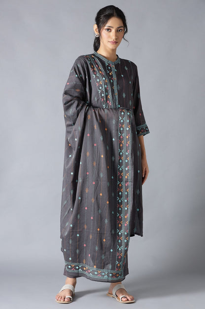 W for Woman Grey Geometric Printed Cotton Voile Dupatta
