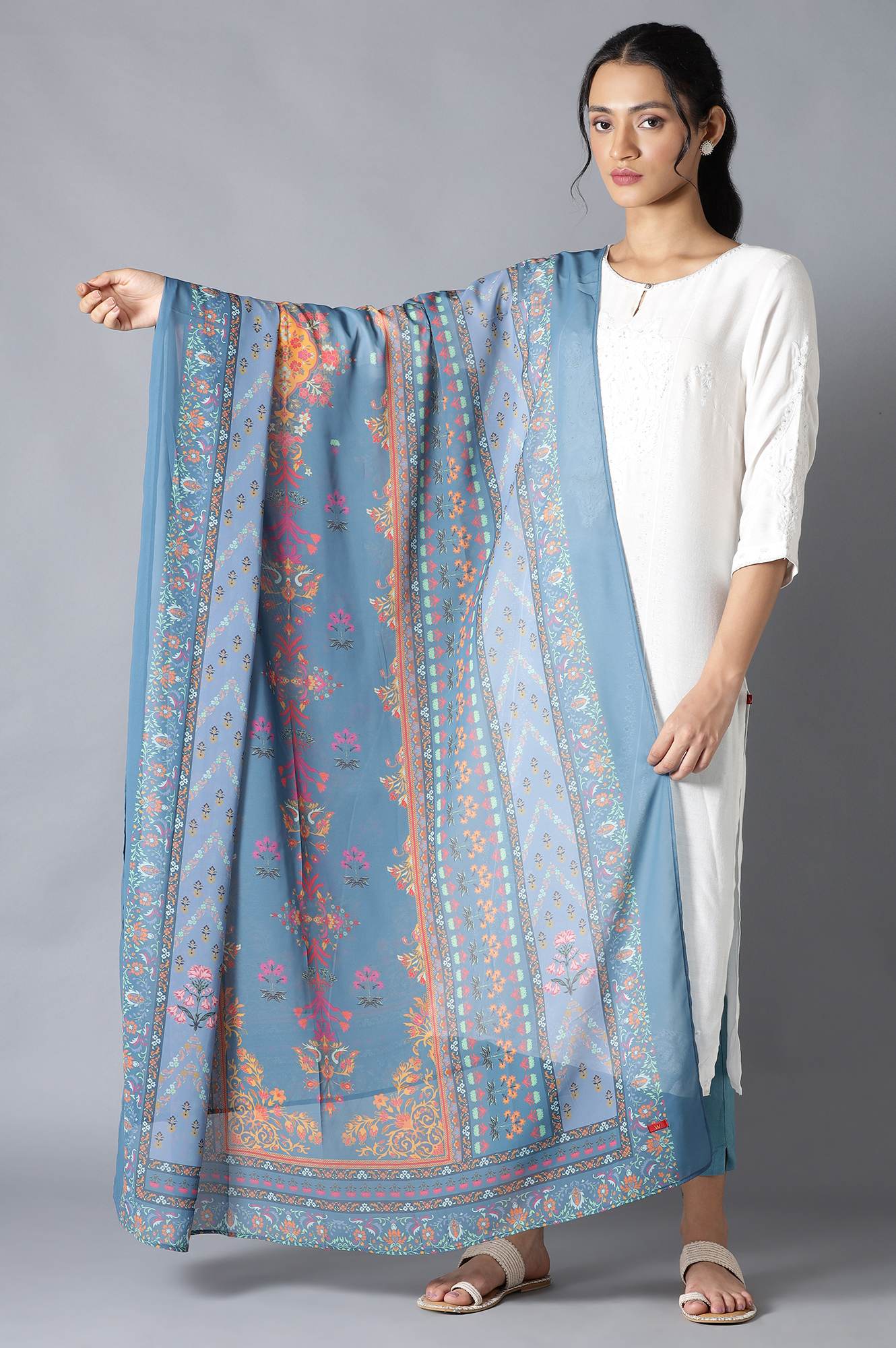 W for Woman Deep Teal Printed Georgette Dupatta
