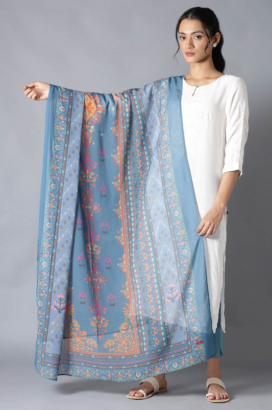 W for Woman Deep Teal Printed Georgette Dupatta