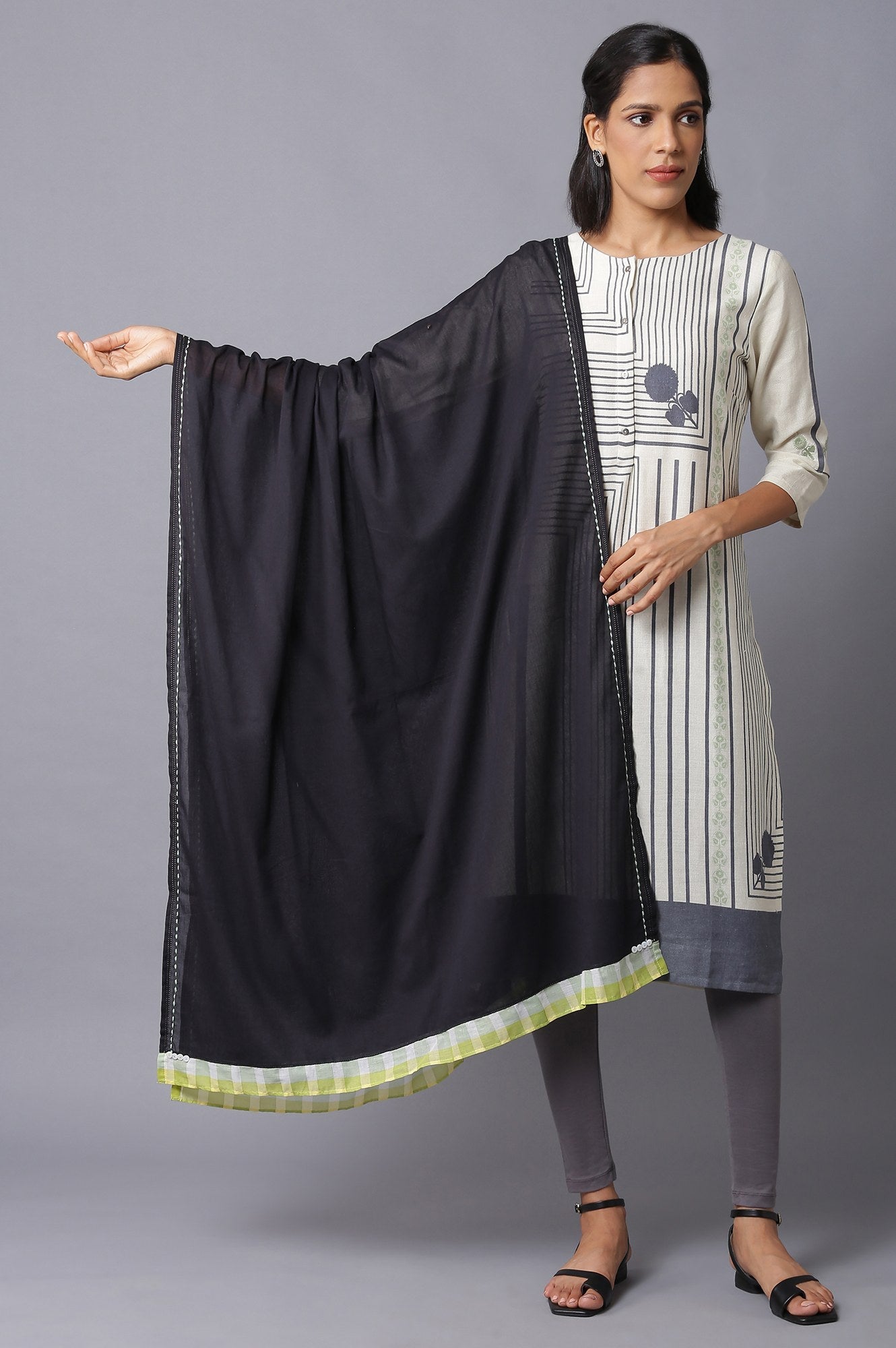 W for Woman Black Cotton Dupatta With Printed Border