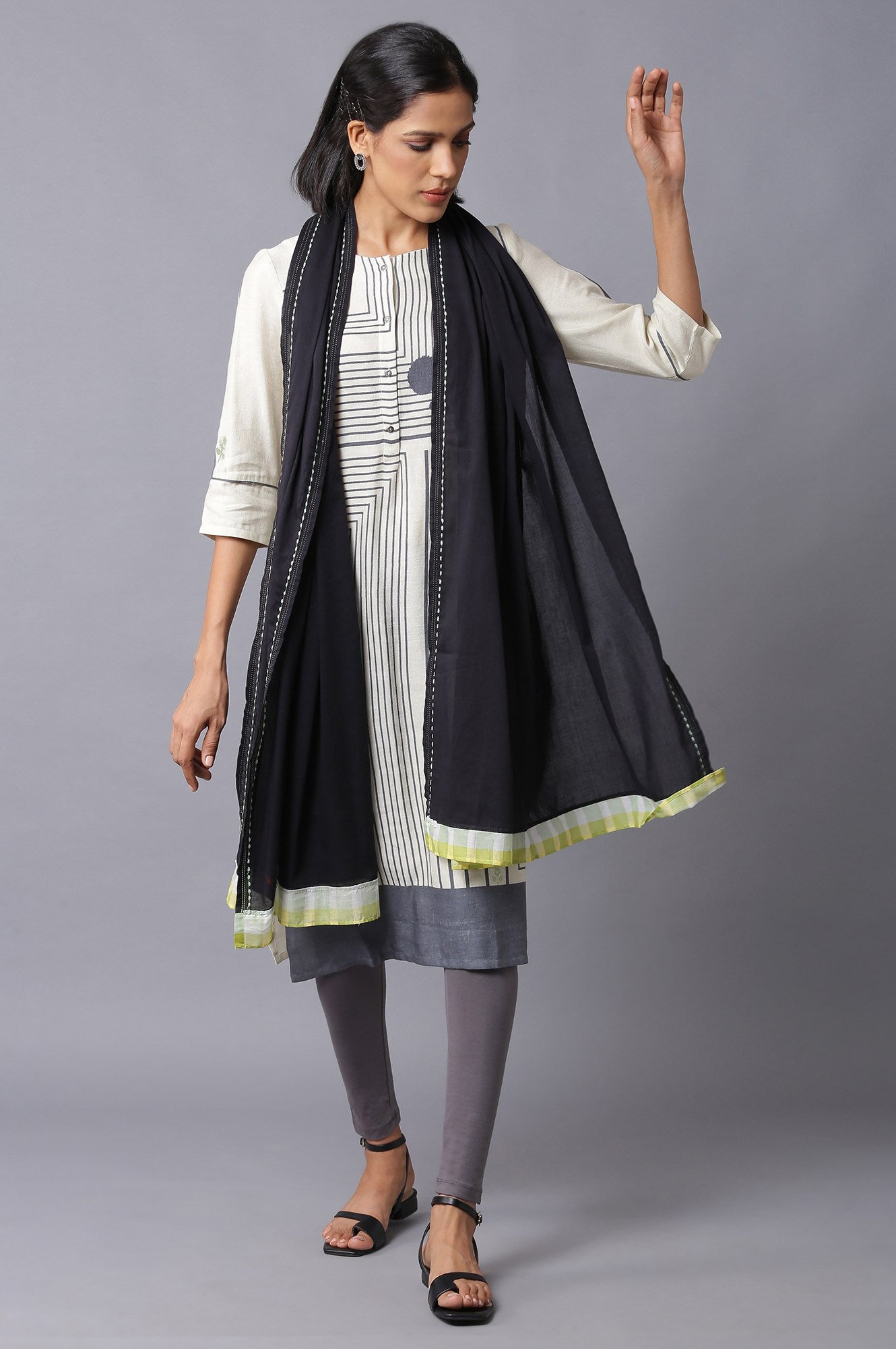 W for Woman Black Cotton Dupatta With Printed Border