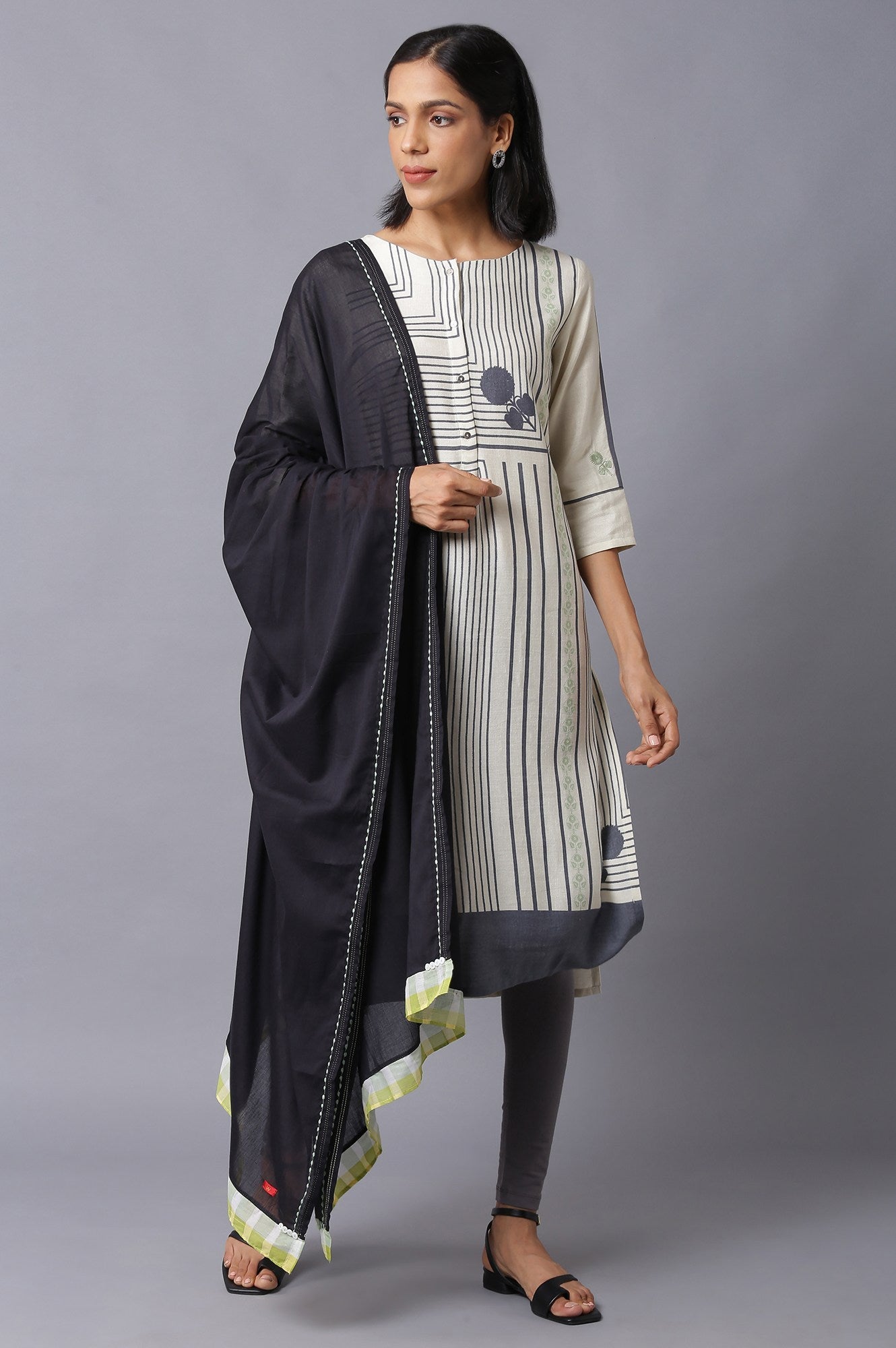 W for Woman Black Cotton Dupatta With Printed Border
