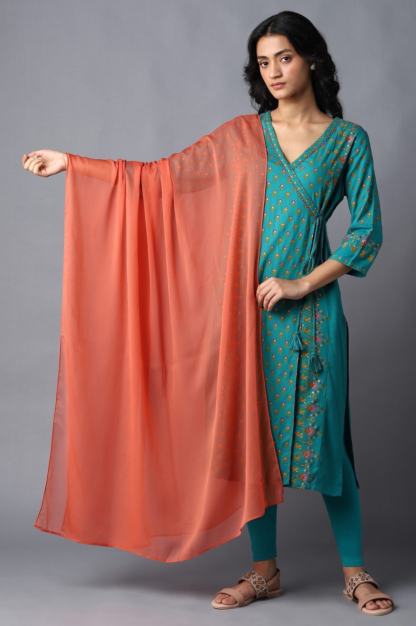 W for Woman Orange Crinkled Chiffon Solid Dupatta
