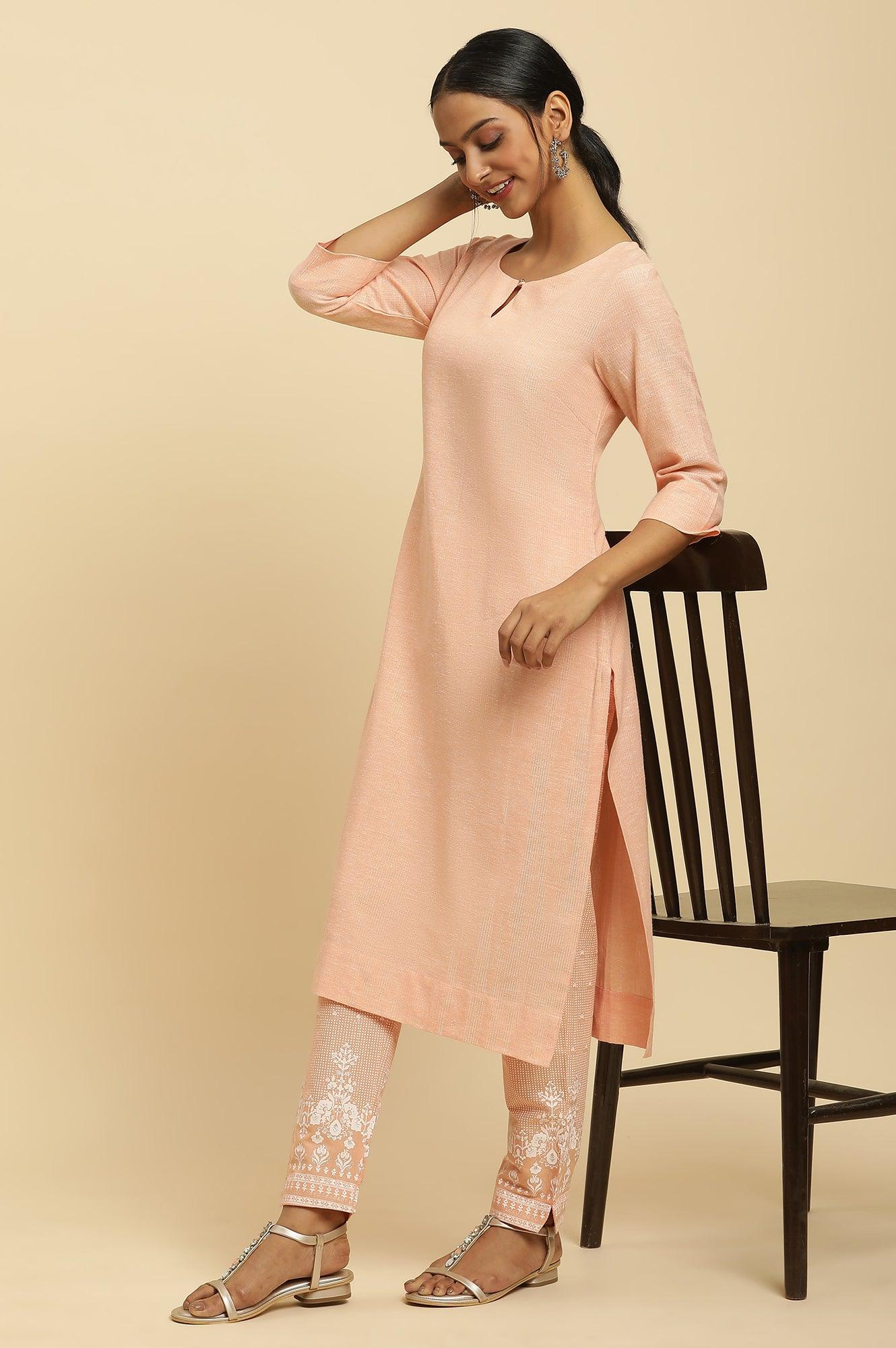 W for Woman Orange Round Neck Kurta And Slim Pants Set