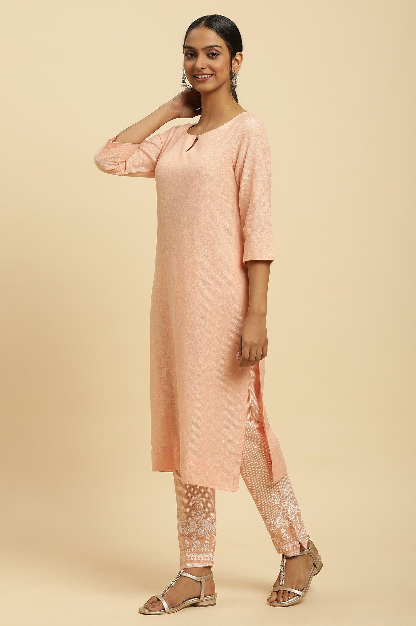 W for Woman Orange Round Neck Kurta And Slim Pants Set