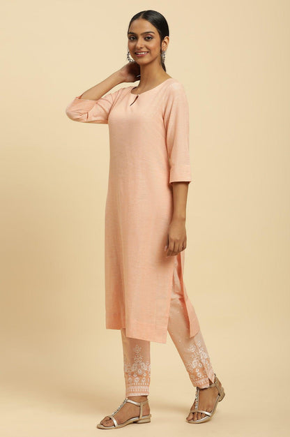 W for Woman Orange Round Neck Kurta And Slim Pants Set