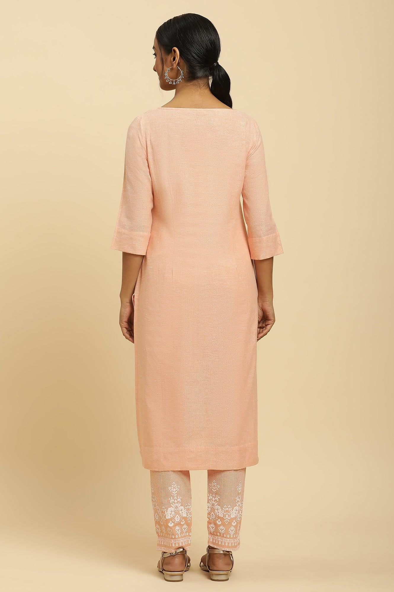 W for Woman Orange Round Neck Kurta And Slim Pants Set
