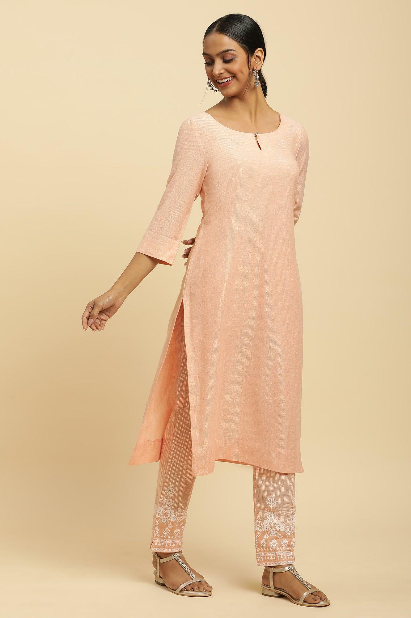 W for Woman Orange Round Neck Kurta And Slim Pants Set