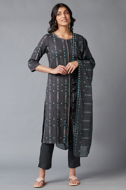 W for Woman Grey Printed kurta With Slim Pants And Dupatta