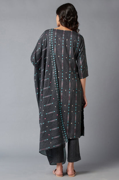W for Woman Grey Printed kurta With Slim Pants And Dupatta