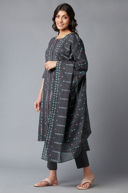 W for Woman Grey Printed kurta With Slim Pants And Dupatta