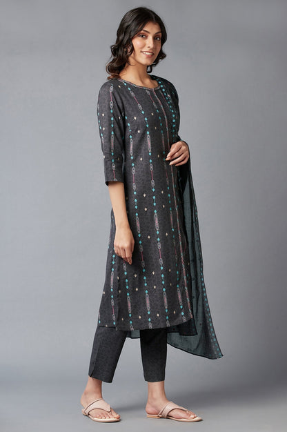 W for Woman Grey Printed kurta With Slim Pants And Dupatta