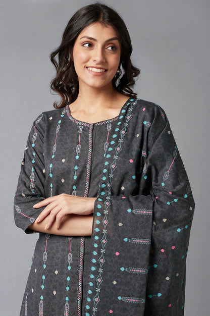 W for Woman Grey Printed kurta With Slim Pants And Dupatta