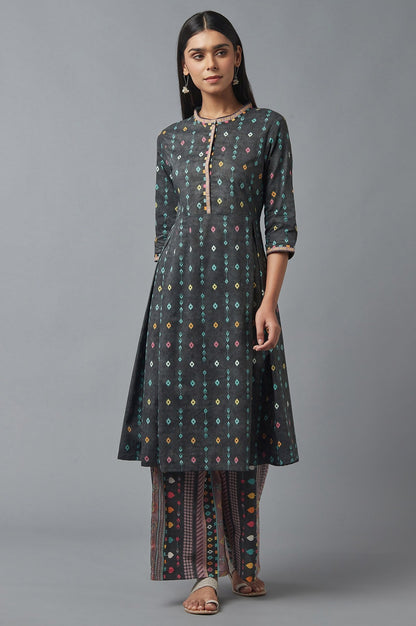 W for Woman Grey Printed kurta with Parallel Pants