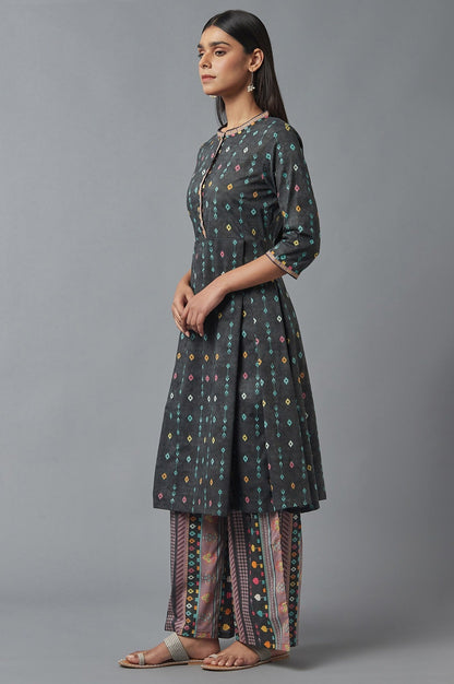 W for Woman Grey Printed kurta with Parallel Pants