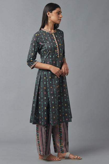 W for Woman Grey Printed kurta with Parallel Pants