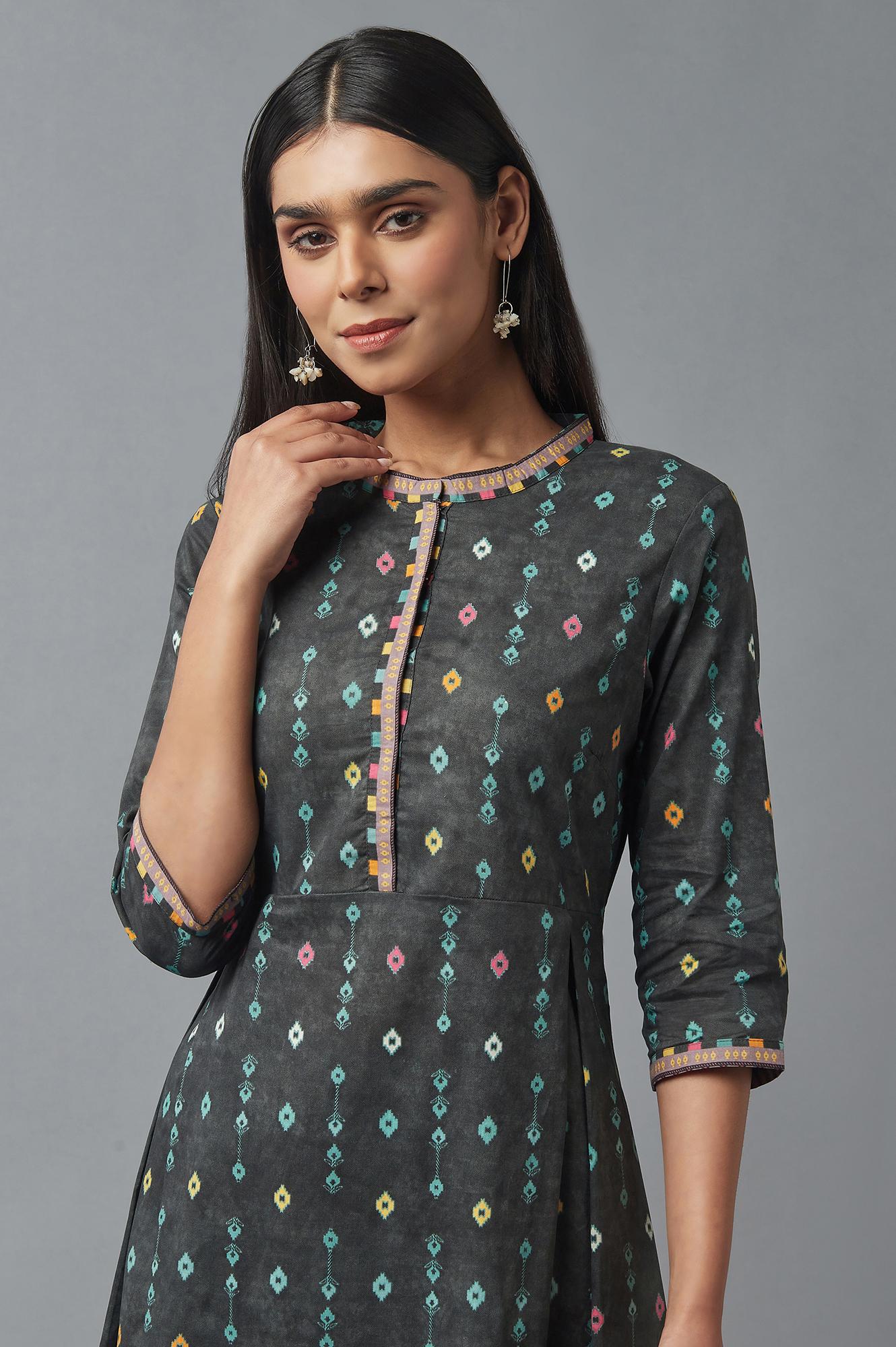 W for Woman Grey Printed kurta with Parallel Pants