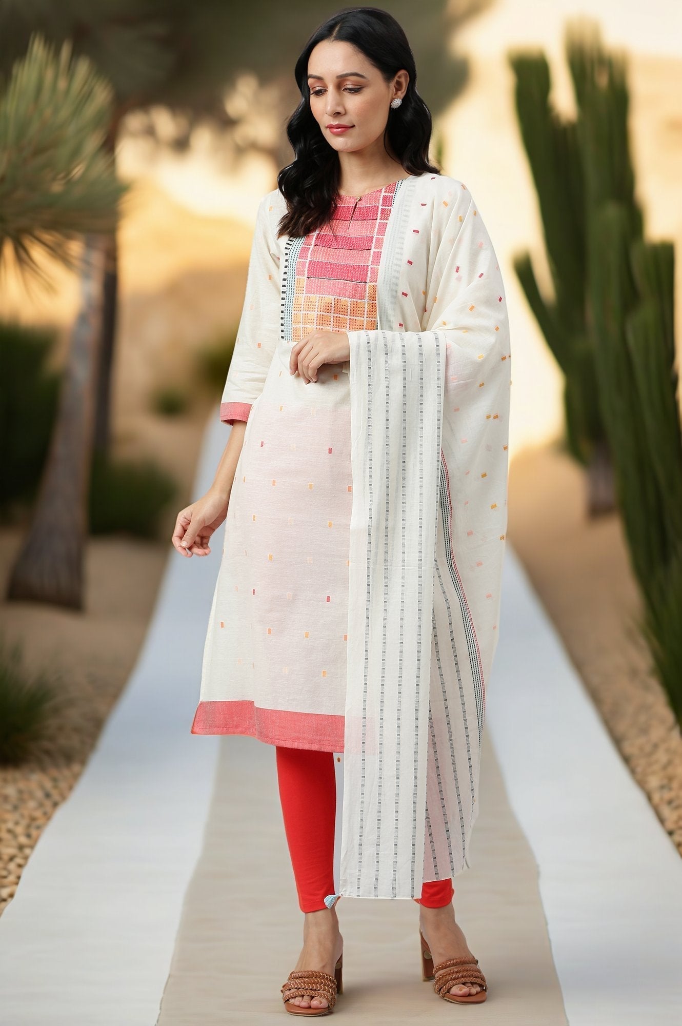W for Woman White Cotton Dobby Straight Kurta, Leggings and Butta Dobby Dupatta Set