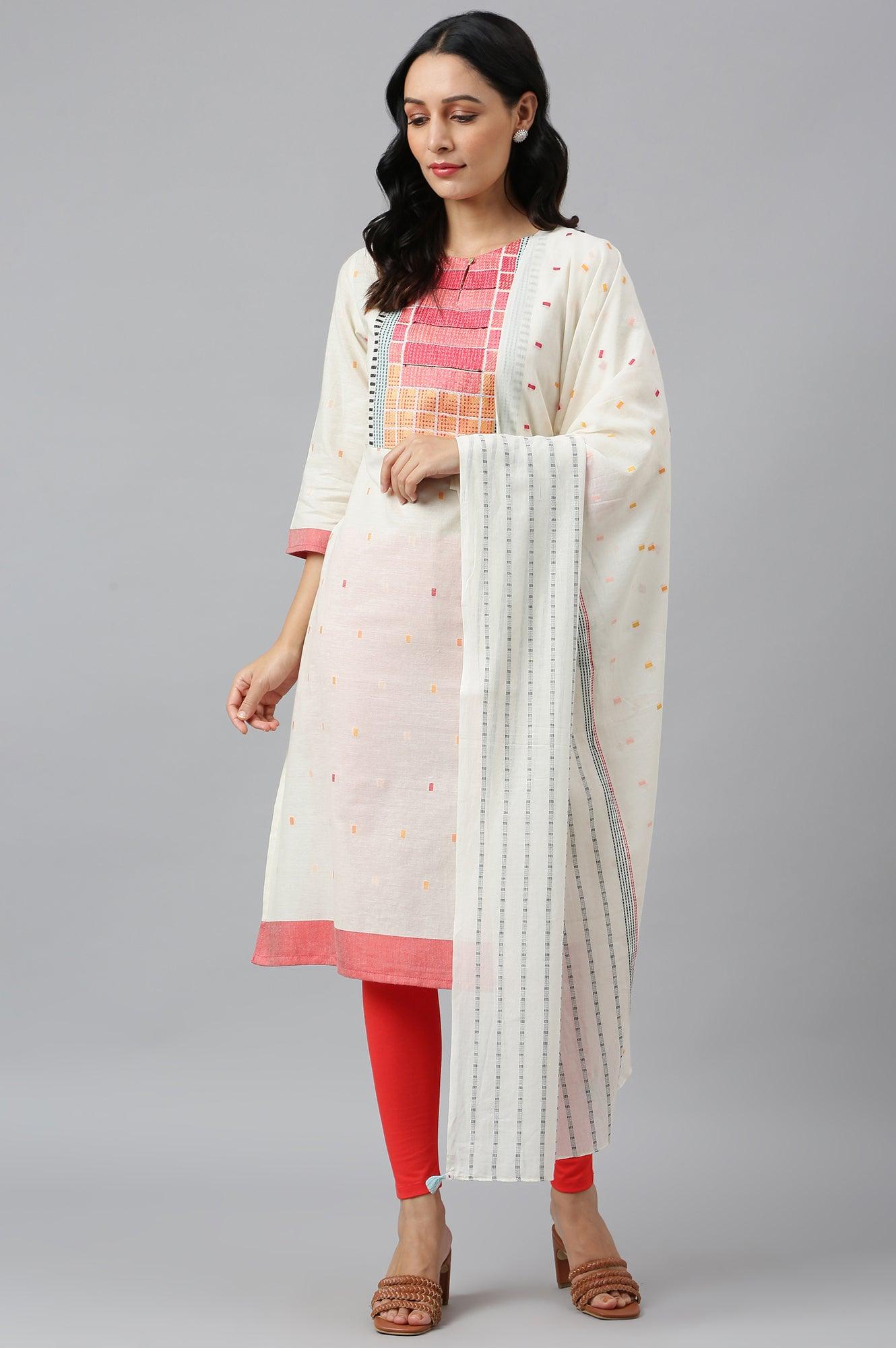 W for Woman White Cotton Dobby Straight Kurta, Leggings and Butta Dobby Dupatta Set