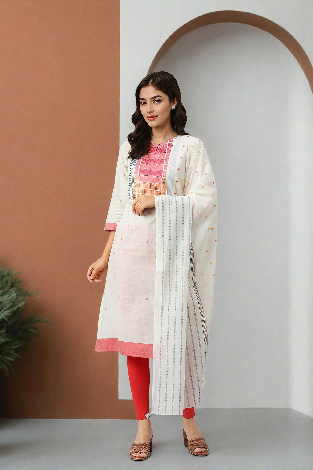 W for Woman White Cotton Dobby Straight Kurta, Leggings and Butta Dobby Dupatta Set