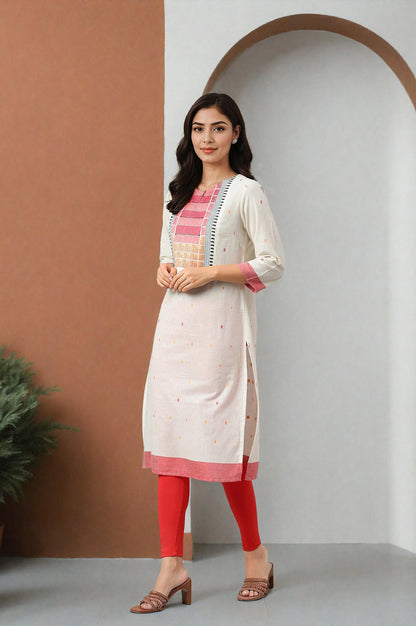 W for Woman White Cotton Dobby Straight Kurta, Leggings and Butta Dobby Dupatta Set