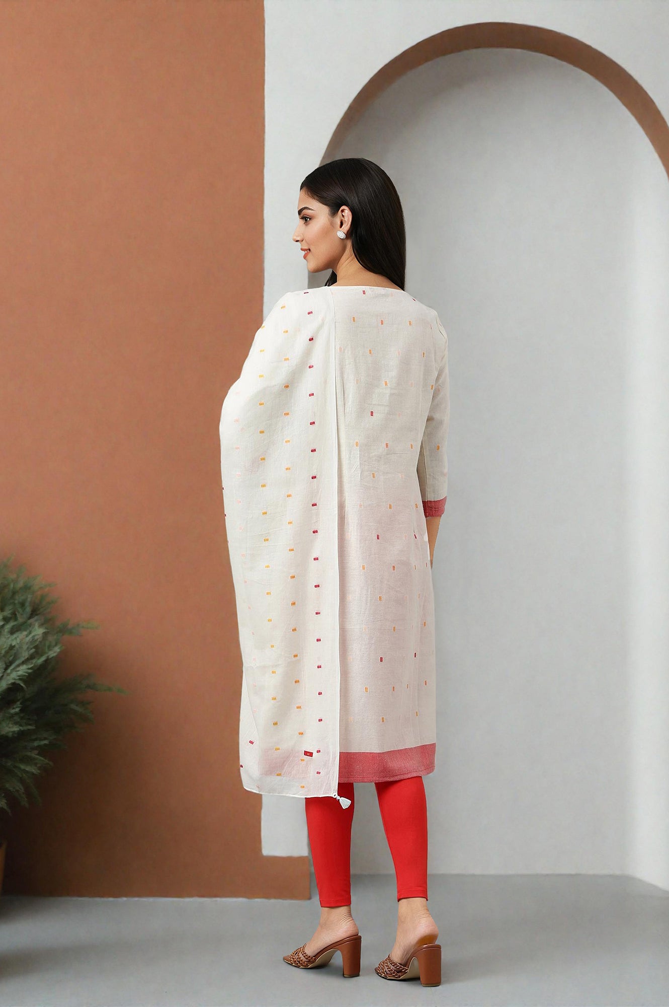 W for Woman White Cotton Dobby Straight Kurta, Leggings and Butta Dobby Dupatta Set