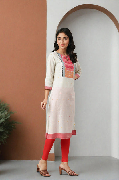 W for Woman White Cotton Dobby Straight Kurta, Leggings and Butta Dobby Dupatta Set