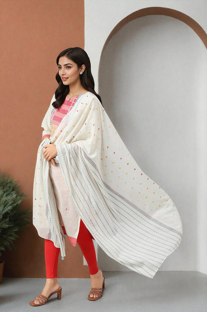 W for Woman White Cotton Dobby Straight Kurta, Leggings and Butta Dobby Dupatta Set