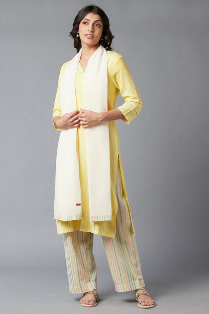 W for Woman Light Yellow Dobby Straight kurta With Parallel Pants And Ecru Dupatta