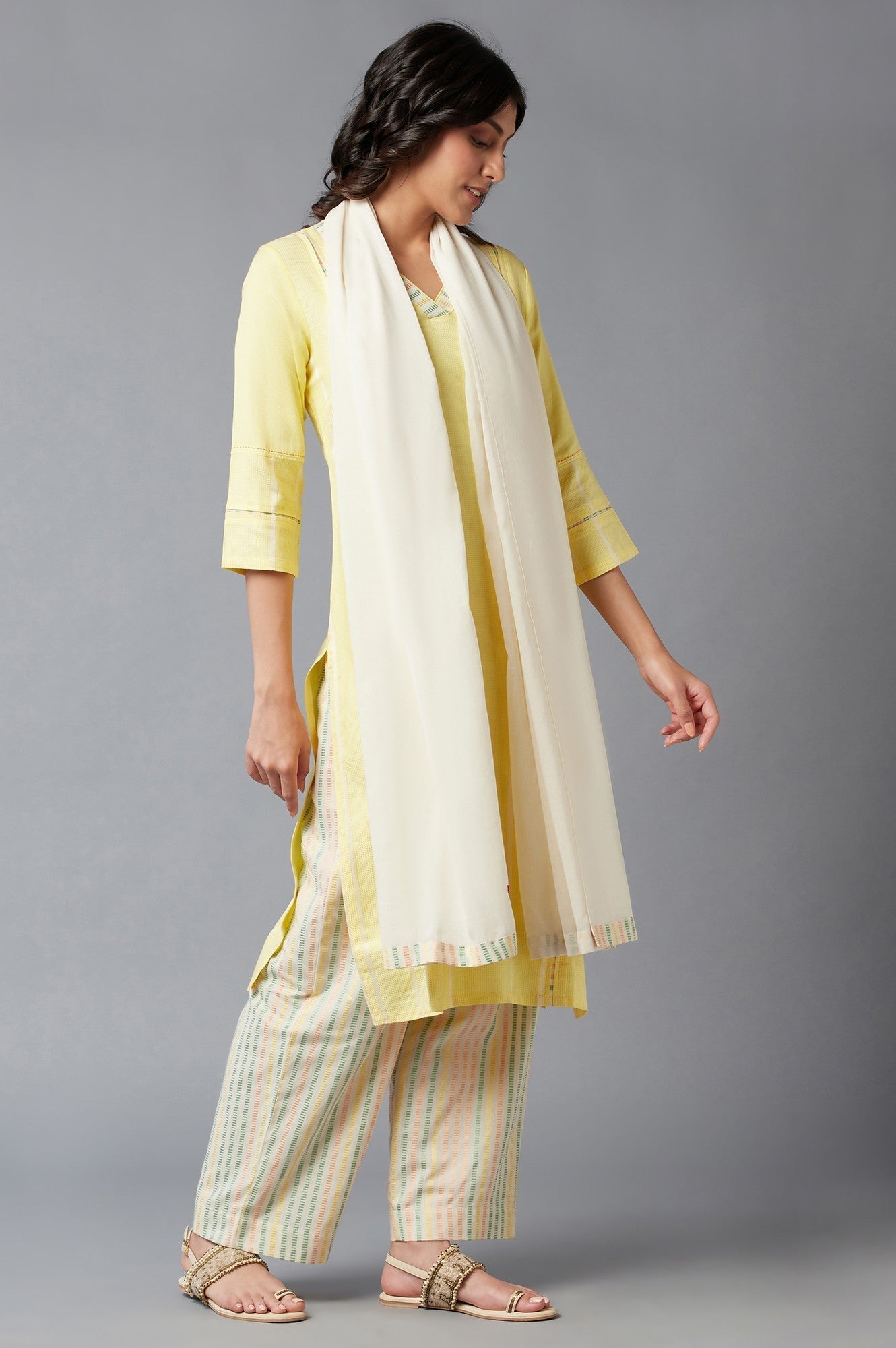 W for Woman Light Yellow Dobby Straight kurta With Parallel Pants And Ecru Dupatta