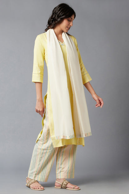 W for Woman Light Yellow Dobby Straight kurta With Parallel Pants And Ecru Dupatta
