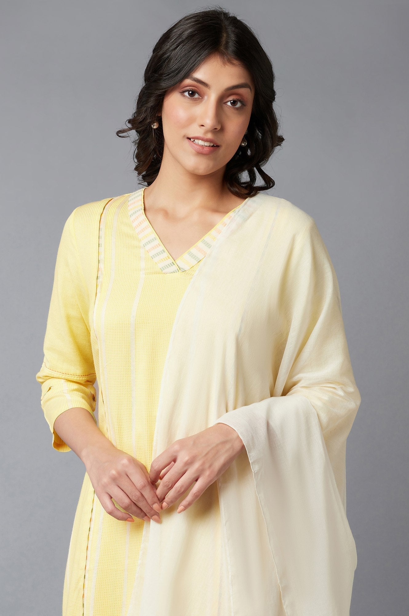 W for Woman Light Yellow Dobby Straight kurta With Parallel Pants And Ecru Dupatta