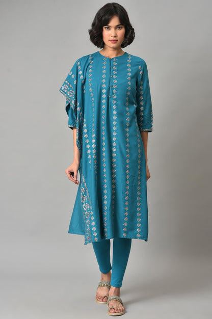 W for Woman Teal Blue Saree Style kurta With Tights