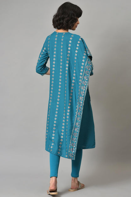 W for Woman Teal Blue Saree Style kurta With Tights